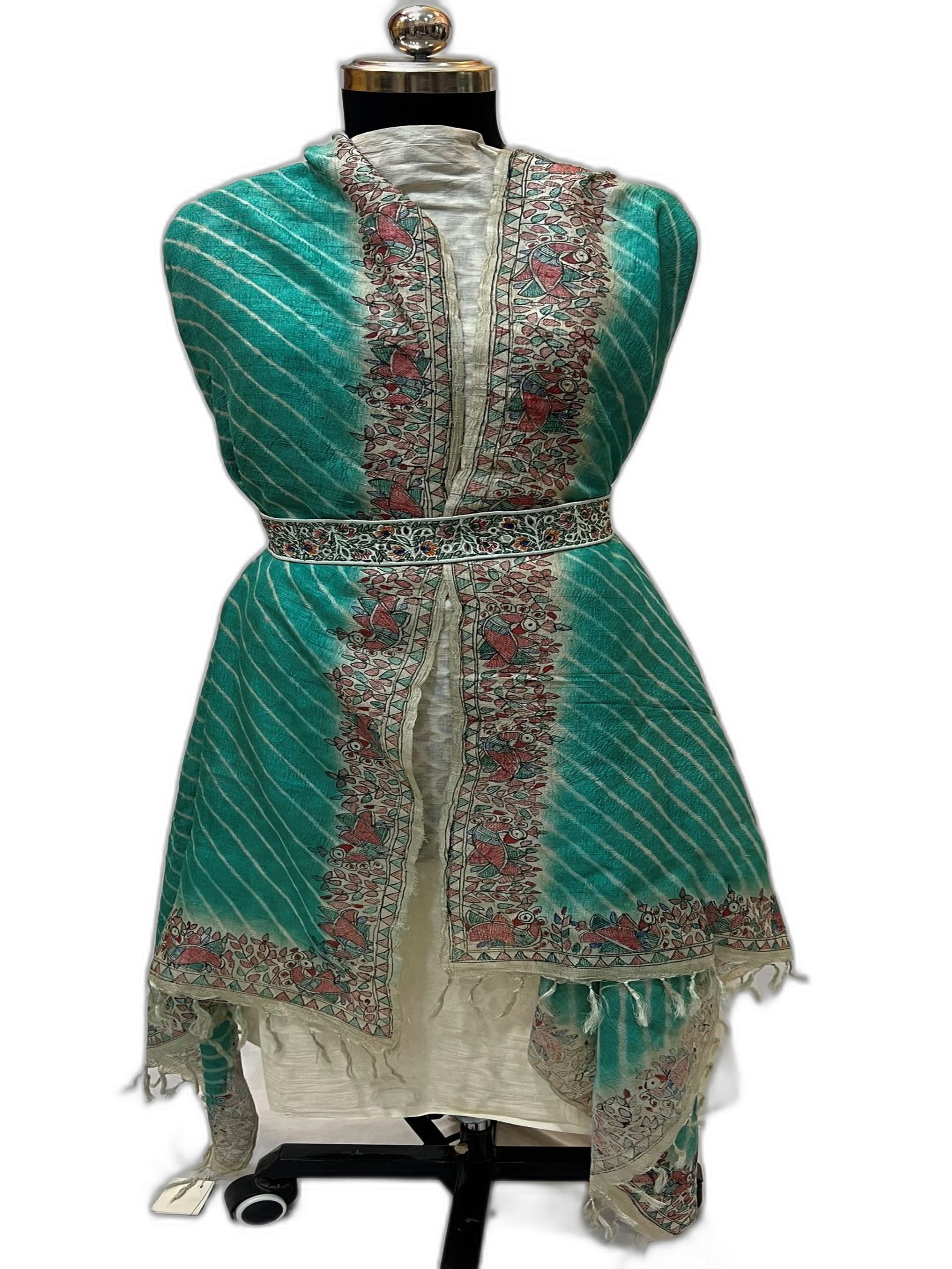 Hand-Woven Desi Tussar Silk Dupatta- Leherya & Hand-Painted Madhubani